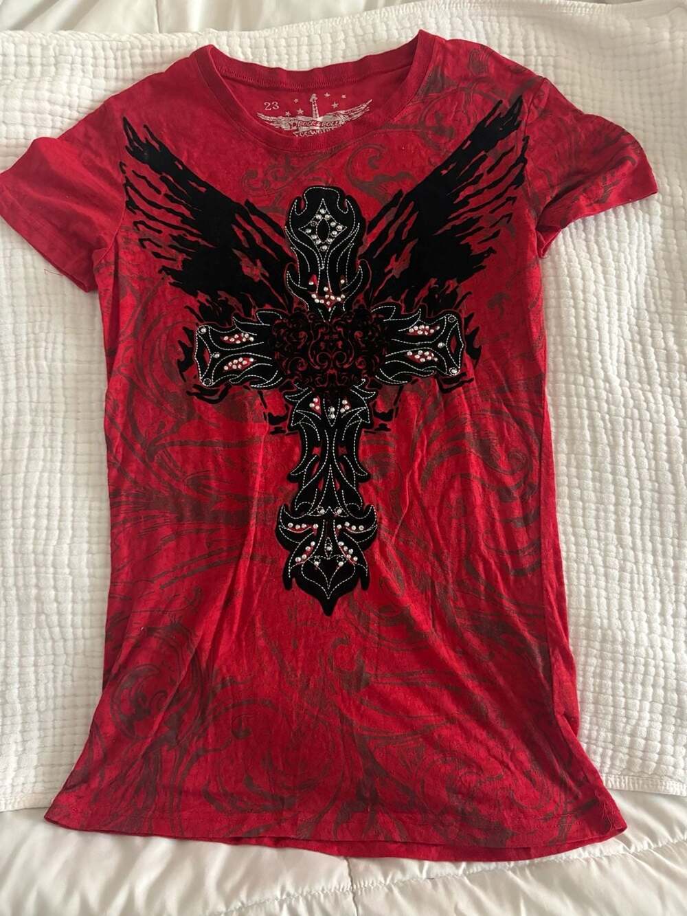 Rock & Roll Cowgirl Women's Embellished Rhinestone Cross Graphic T-Shirt